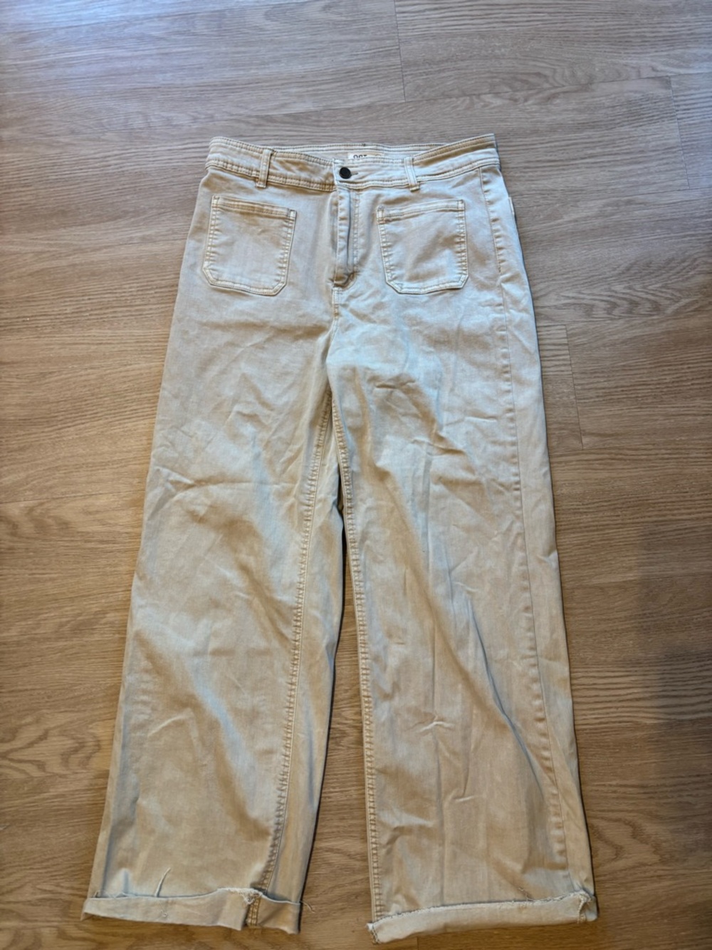 OAT New York High Waist Wide Leg Jeans Sz 12/31 Tan Frayed Cuffed Hem